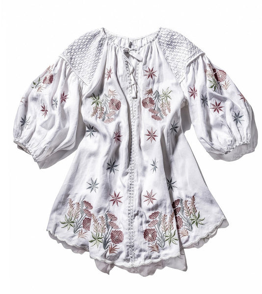 Innika Choo Mini Smock Dress in Botanical White at Supernomad