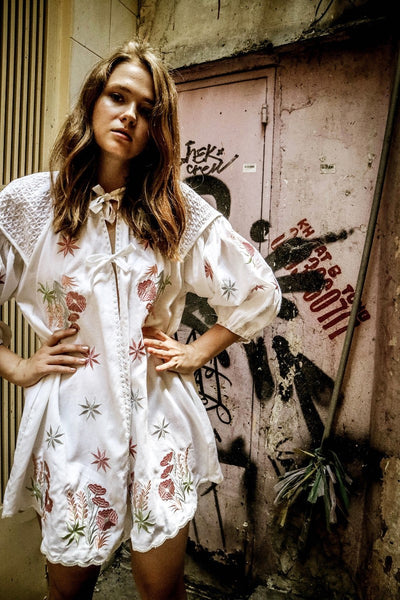 Innika Choo Mini Smock Dress in Botanical White at Supernomad