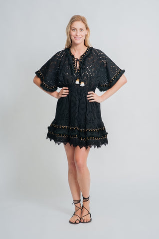 Place Nationale La Mandala Cotton Lace Mini Dress in Black at Supernomad